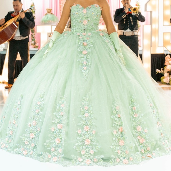 Sage Green Quinceañera Dress With Train - Picture 6 of 9